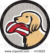 Vector Clip Art of Retro English Setter Dog with a Deflated Volleyball in His Mouth in a Black and Gray Circle by Patrimonio