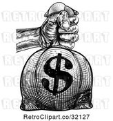 Vector Clip Art of Retro Engraved or Woodcut Styled Hand Holding out a Burlap USD Money Bag Sack to Pay Taxes by AtStockIllustration