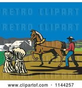 Vector Clip Art of Retro Farmer and Horse Harvesting Hay by Patrimonio