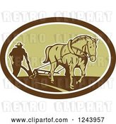 Vector Clip Art of Retro Farmer and Horse Plowing a Field in an Oval by Patrimonio