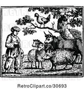 Vector Clip Art of Retro Farmer Looking at Animals by Prawny Vintage