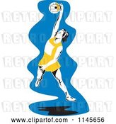 Vector Clip Art of Retro Female Netball Player Jumping over Blue by Patrimonio