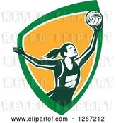 Vector Clip Art of Retro Female Volleyball or Netball Player Serving in a Green White and Orange Shield by Patrimonio