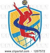 Vector Clip Art of Retro Female Volleyball Player Spiking a Ball on a Shield by Patrimonio