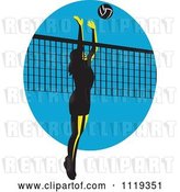 Vector Clip Art of Retro Female Volleyball Player Spiking over a Net on Blue by Patrimonio