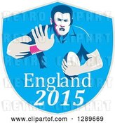 Vector Clip Art of Retro Fending Rugby Union Player with Ball in a Blue England 2015 Shield by Patrimonio