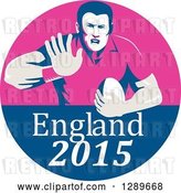 Vector Clip Art of Retro Fending Rugby Union Player with Ball in a Pink and Blue England 2015 Circle by Patrimonio