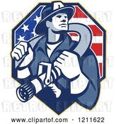 Vector Clip Art of Retro Fire Fighter Guy Holding a Hose on His Shoulders over an American Flag by Patrimonio