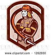Vector Clip Art of Retro Firefighter Encircled with a Hose in a Brown Shield by Patrimonio