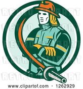 Vector Clip Art of Retro Firefighter Encircled with a Hose in a Green and White Circle by Patrimonio
