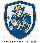 Vector Clip Art of Retro Firefighter Holding a Hose in a Yellow Blue and Taupe Shield by Patrimonio