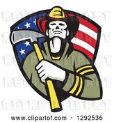 Vector Clip Art of Retro Firefighter Holding an Axe in an American Flag Shield by Patrimonio