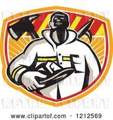 Vector Clip Art of Retro Firefighter Holding His Helmet over a Fire Axe and Hook in a Shield by Patrimonio