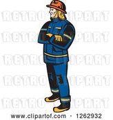 Vector Clip Art of Retro Firefighter Standing with Folded Arms by Patrimonio