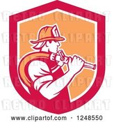 Vector Clip Art of Retro Firefighter with a Hose in a Shield by Patrimonio