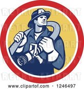 Vector Clip Art of Retro Firefighter with a Hose in a Yellow and Red Circle by Patrimonio
