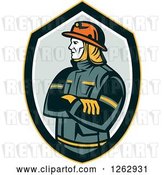 Vector Clip Art of Retro Firefighter with Folded Arms in a Shield by Patrimonio