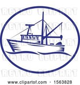 Vector Clip Art of Retro Fishing Boat with Waves in an Oval by Patrimonio