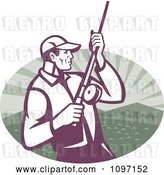 Vector Clip Art of Retro Fly Fisher Man Reeling in His Catch on a Lake Shore over a Mountain and Water Oval by Patrimonio