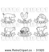 Vector Clip Art of Retro Food Options: Pork, Chicken, Fish, Beef, Vegetarian and Lamb in Black Lineart by AtStockIllustration