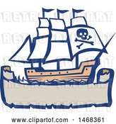 Vector Clip Art of Retro Galleon Pirate Ship over a Banner by Patrimonio
