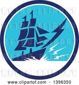 Vector Clip Art of Retro Galleon Ship with Lightning in a Blue and White Circle by Patrimonio