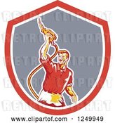 Vector Clip Art of Retro Gas Station Attendant Guy Holding up a Nozzle in a Shield by Patrimonio