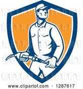 Vector Clip Art of Retro Gas Station Attendant Jockey Holding a Nozzle in a Blue White and Orange Shield by Patrimonio