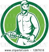Vector Clip Art of Retro Gas Station Attendant Jockey Holding a Nozzle in a Green and White Circle by Patrimonio