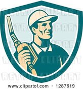 Vector Clip Art of Retro Gas Station Attendant Jockey Holding a Nozzle in a Turquoise White and Blue Shield by Patrimonio