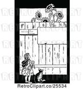 Vector Clip Art of Retro Girl and Cat Looking at a Sign on a Fence with Sunflowers by Prawny Vintage