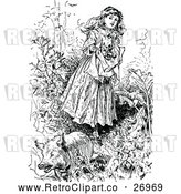 Vector Clip Art of Retro Girl and Pig in the Woods by Prawny Vintage