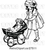 Vector Clip Art of Retro Girl Pushing a Doll in a Stroller by Prawny Vintage