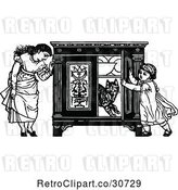Vector Clip Art of Retro Girls and Cat Playing with a Cupboard by Prawny Vintage