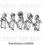 Vector Clip Art of Retro Girls in a Line Holding onto Their Dresses by Prawny Vintage