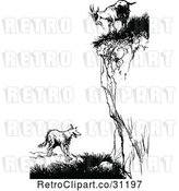 Vector Clip Art of Retro Goat on a Cliff over a Fox by Prawny Vintage
