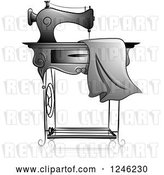 Vector Clip Art of Retro Grayscale Sewing Machine with Fabric by BNP Design Studio