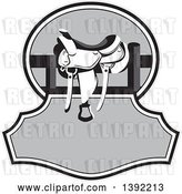 Vector Clip Art of Retro Grayscale Western Saddle on a Fence over Text Space by Patrimonio