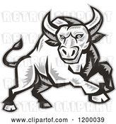 Vector Clip Art of Retro Grayscale Woodcut Charging Angry Bull by Patrimonio