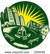 Vector Clip Art of Retro Green Circle of an Urban Landscape and Park with a Yellow Sun by Patrimonio