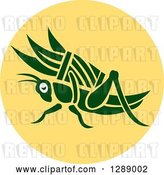 Vector Clip Art of Retro Green Grasshopper with a Basket of Grass in a Yellow Circle by Patrimonio