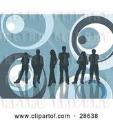 Vector Clip Art of Retro Group of Blue Silhouetted People Standing with Reflections over a Blue Background with Circle Patterns by KJ Pargeter