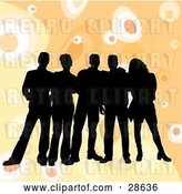 Vector Clip Art of Retro Group of Five Black Silhouetted Friends Standing over a Orange Background with Circles by KJ Pargeter