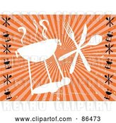 Vector Clip Art of Retro Grungy Styled White Barbeque Silhouette with Silverware over Orange by