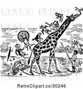 Vector Clip Art of Retro Guy and Stunt Animals on a Giraffe by Prawny Vintage