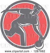 Vector Clip Art of Retro Guy Bowling in a Gray White and Pink Circle by Patrimonio