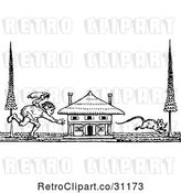 Vector Clip Art of Retro Guy Chasing a Mouse by a House by Prawny Vintage