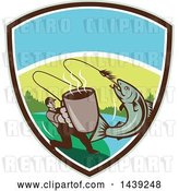 Vector Clip Art of Retro Guy Holding out a Coffee Mug and Reeling in a Hooked Salmon Fish in a Shield by Patrimonio