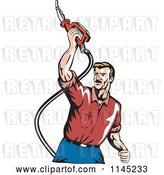 Vector Clip Art of Retro Guy Holding up a Gas Pump Fuel Nozzle by Patrimonio