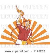 Vector Clip Art of Retro Guy Holding up a Gas Pump Fuel Nozzle over Rays by Patrimonio